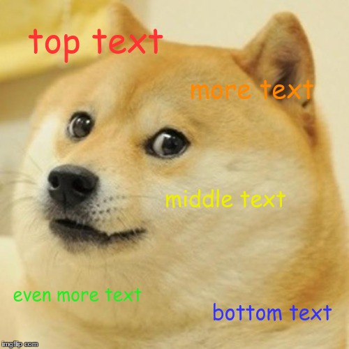 Doge | top text; more text; middle text; even more text; bottom text | image tagged in memes,doge | made w/ Imgflip meme maker