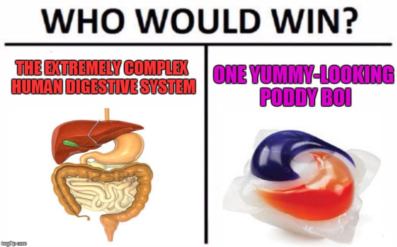 Digestive System, Or Tide Pod? | THE EXTREMELY COMPLEX HUMAN DIGESTIVE SYSTEM; ONE YUMMY-LOOKING PODDY BOI | image tagged in memes,who would win | made w/ Imgflip meme maker