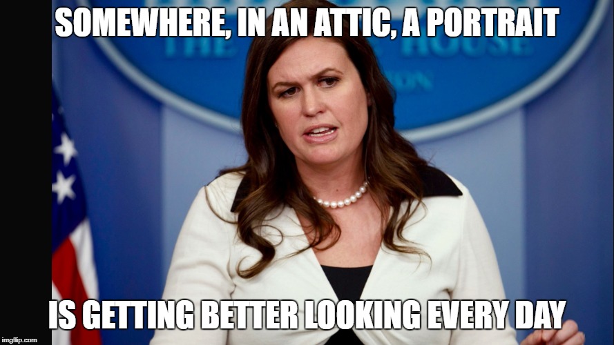 Sarah Sanders  | SOMEWHERE, IN AN ATTIC, A PORTRAIT; IS GETTING BETTER LOOKING EVERY DAY | image tagged in sarah sanders | made w/ Imgflip meme maker