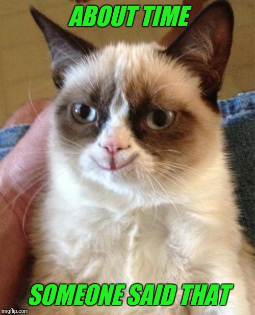 Happy grumpy cat | ABOUT TIME SOMEONE SAID THAT | image tagged in happy grumpy cat | made w/ Imgflip meme maker