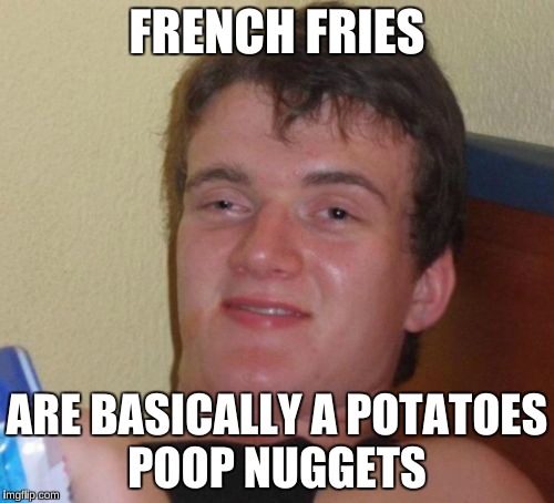 10 Guy Meme | FRENCH FRIES; ARE BASICALLY A POTATOES POOP NUGGETS | image tagged in memes,10 guy | made w/ Imgflip meme maker