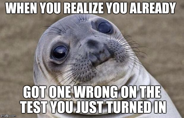 Awkward Moment Sealion | WHEN YOU REALIZE YOU ALREADY; GOT ONE WRONG ON THE TEST YOU JUST TURNED IN | image tagged in memes,awkward moment sealion | made w/ Imgflip meme maker