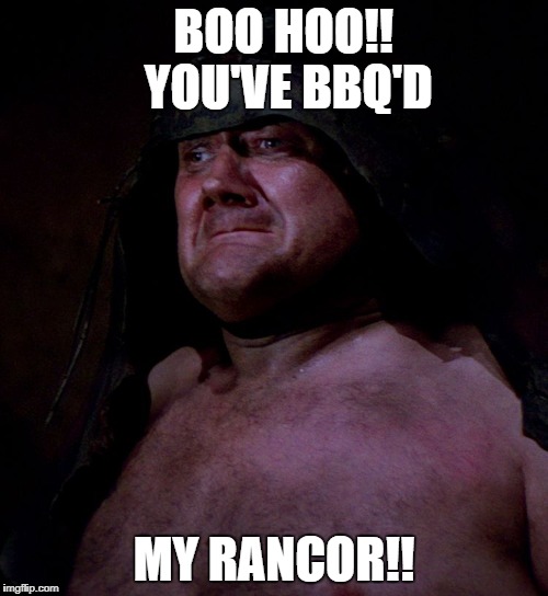 Too soon rancor guy | BOO HOO!!  
YOU'VE BBQ'D; MY RANCOR!! | image tagged in too soon rancor guy | made w/ Imgflip meme maker
