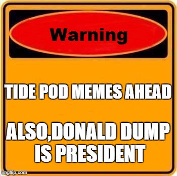 Warning Sign | TIDE POD MEMES AHEAD; ALSO,DONALD DUMP IS PRESIDENT | image tagged in memes,warning sign | made w/ Imgflip meme maker