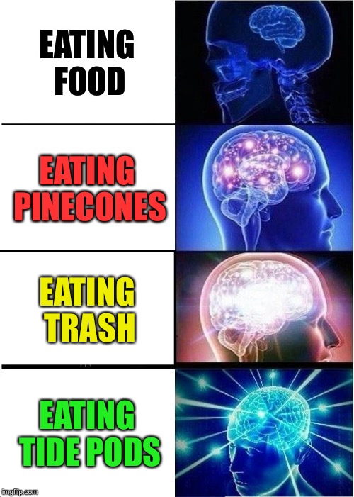 Dank Brain | EATING FOOD; EATING PINECONES; EATING TRASH; EATING TIDE PODS | image tagged in memes,expanding brain,tide pods,tide pod challenge,eating | made w/ Imgflip meme maker