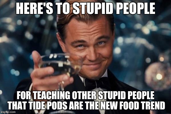 Leonardo Dicaprio Cheers Meme | HERE'S TO STUPID PEOPLE; FOR TEACHING OTHER STUPID PEOPLE THAT TIDE PODS ARE THE NEW FOOD TREND | image tagged in memes,leonardo dicaprio cheers | made w/ Imgflip meme maker