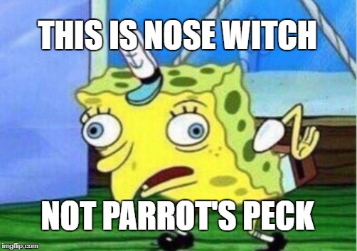 Mocking Spongebob | THIS IS NOSE WITCH; NOT PARROT'S PECK | image tagged in memes,mocking spongebob | made w/ Imgflip meme maker
