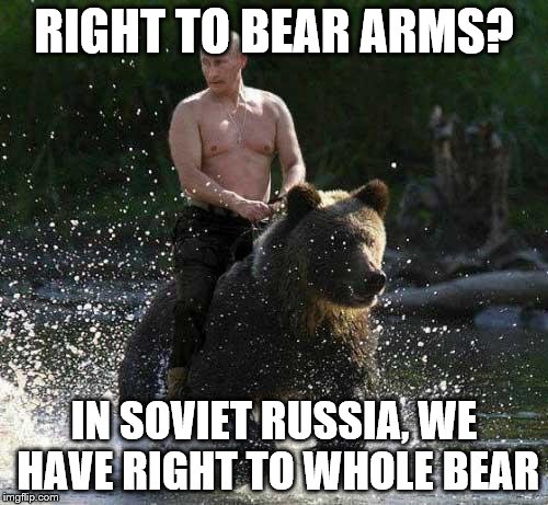Putin Thats Cute | RIGHT TO BEAR ARMS? IN SOVIET RUSSIA, WE HAVE RIGHT TO WHOLE BEAR | image tagged in putin thats cute | made w/ Imgflip meme maker