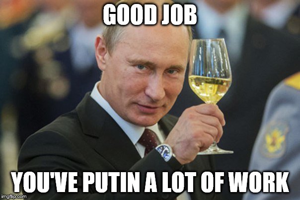 Putin Cheers | GOOD JOB; YOU'VE PUTIN A LOT OF WORK | image tagged in putin cheers | made w/ Imgflip meme maker