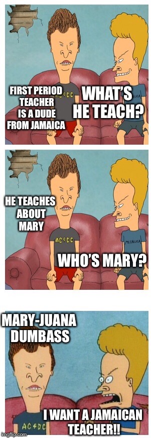 Beavis and Butthead | WHAT’S HE TEACH? FIRST PERIOD TEACHER IS A DUDE FROM JAMAICA; HE TEACHES ABOUT MARY; WHO’S MARY? MARY-JUANA DUMBASS; I WANT A JAMAICAN TEACHER!! | image tagged in beavis and butthead,jamaican,teacher,marijuana,memes | made w/ Imgflip meme maker