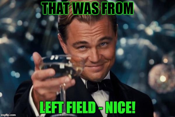 Leonardo Dicaprio Cheers Meme | THAT WAS FROM LEFT FIELD - NICE! | image tagged in memes,leonardo dicaprio cheers | made w/ Imgflip meme maker