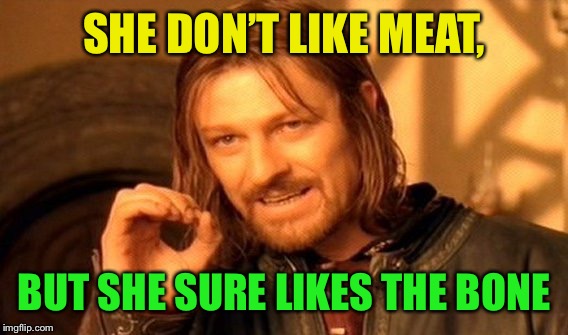 One Does Not Simply Meme | SHE DON’T LIKE MEAT, BUT SHE SURE LIKES THE BONE | image tagged in memes,one does not simply | made w/ Imgflip meme maker
