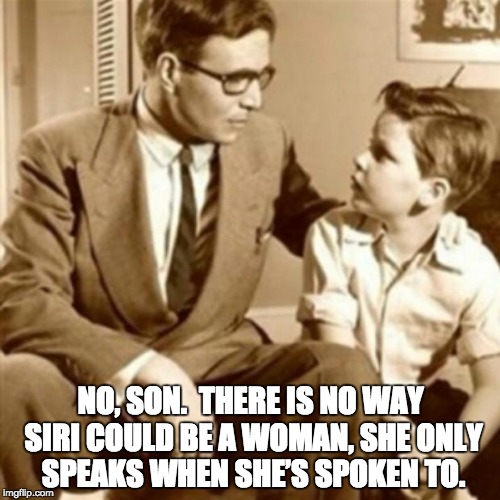 Father and Son | NO, SON.  THERE IS NO WAY SIRI COULD BE A WOMAN, SHE ONLY SPEAKS WHEN SHE’S SPOKEN TO. | image tagged in father and son | made w/ Imgflip meme maker