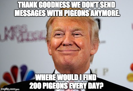 Donald trump approves | THANK GOODNESS WE DON’T SEND MESSAGES WITH PIGEONS ANYMORE. WHERE WOULD I FIND 200 PIGEONS EVERY DAY? | image tagged in donald trump approves | made w/ Imgflip meme maker