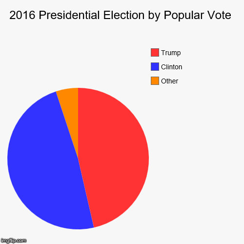Actual 2016 Presidential Election  Results by Popular Vote | 2016 Presidential Election by Popular Vote | Other, Clinton, Trump | image tagged in pie charts,memes,political meme | made w/ Imgflip chart maker
