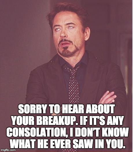 Face You Make Robert Downey Jr Meme | SORRY TO HEAR ABOUT YOUR BREAKUP. IF IT’S ANY CONSOLATION, I DON’T KNOW WHAT HE EVER SAW IN YOU. | image tagged in memes,face you make robert downey jr | made w/ Imgflip meme maker