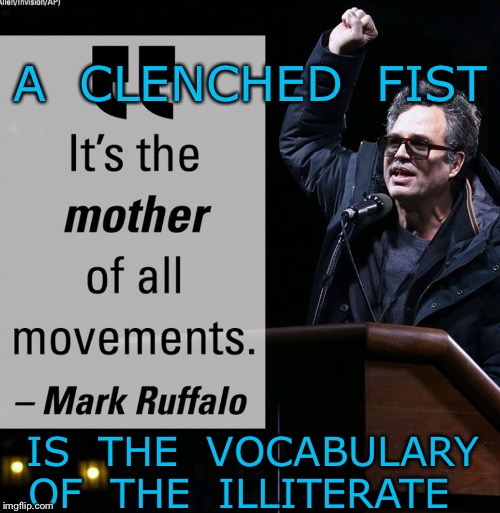 Dumb leading the dumber | A  CLENCHED  FIST; IS  THE  VOCABULARY OF  THE  ILLITERATE | image tagged in politics | made w/ Imgflip meme maker