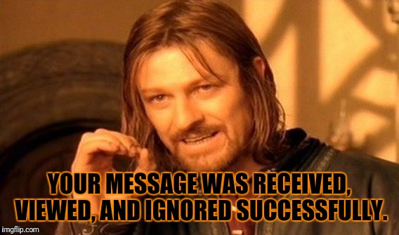 One Does Not Simply Meme | YOUR MESSAGE WAS RECEIVED, VIEWED, AND IGNORED SUCCESSFULLY. | image tagged in memes,one does not simply | made w/ Imgflip meme maker