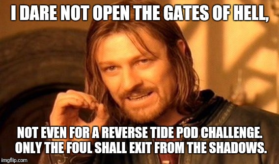 One Does Not Simply Meme | I DARE NOT OPEN THE GATES OF HELL, NOT EVEN FOR A REVERSE TIDE POD CHALLENGE. ONLY THE FOUL SHALL EXIT FROM THE SHADOWS. | image tagged in memes,one does not simply | made w/ Imgflip meme maker