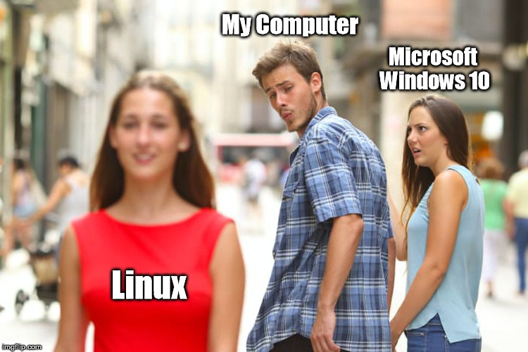 Not just for nerds, geeks, dweebs, or dörks anymore! | My Computer; Microsoft Windows 10; Linux | image tagged in memes,distracted boyfriend | made w/ Imgflip meme maker