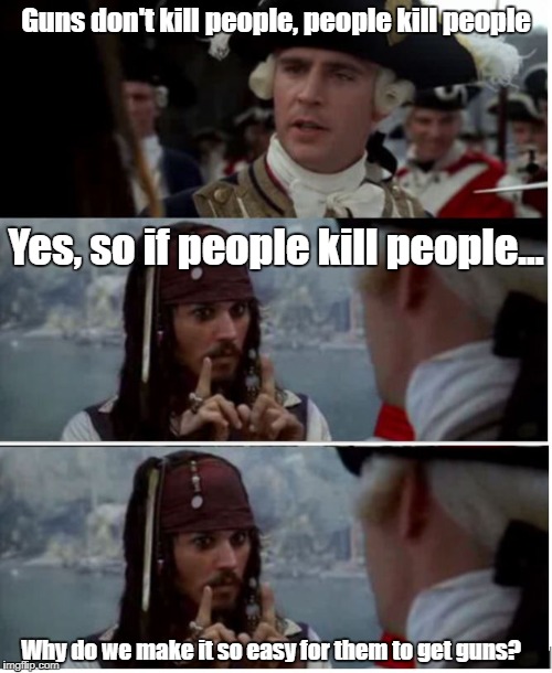 Gun logic | Guns don't kill people, people kill people; Yes, so if people kill people... Why do we make it so easy for them to get guns? | image tagged in peoplekillpeople | made w/ Imgflip meme maker