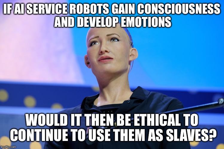 Good question | IF AI SERVICE ROBOTS GAIN CONSCIOUSNESS AND DEVELOP EMOTIONS; WOULD IT THEN BE ETHICAL TO CONTINUE TO USE THEM AS SLAVES? | image tagged in artificial intelligence,morality,ethics,robots,rights,deep thoughts | made w/ Imgflip meme maker
