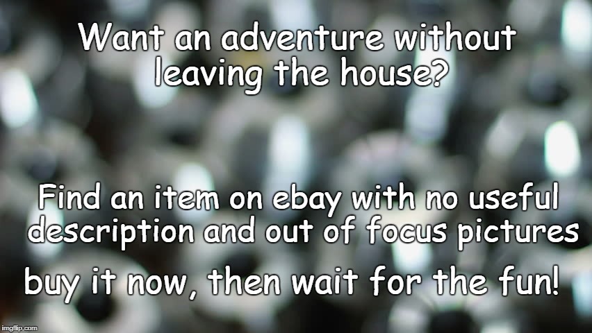 Adventures with Ebay | Want an adventure without leaving the house? Find an item on ebay with no useful description and out of focus pictures; buy it now, then wait for the fun! | image tagged in ebay | made w/ Imgflip meme maker