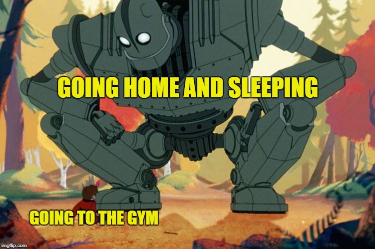 Overwhelming Giant | GOING HOME AND SLEEPING; GOING TO THE GYM | image tagged in lazy,giant,little boy | made w/ Imgflip meme maker