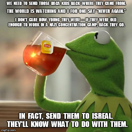 But thats none of my business daca | WE  NEED  TO  SEND  THOSE  DACA  KIDS  BACK   WHERE  THEY  CAME  FROM. THE  WORLD  IS  WATCHING  AND  I  FOR  ONE  SAY  "NEVER  AGAIN."; I  DON'T  CARE  HOW  YOUNG  THEY  WERE  --  IF  THEY  WERE  OLD  ENOUGH  TO  WORK  IN  A  NAZI  CONCENTRATION  CAMP,  BACK  THEY  GO. IN  FACT,  SEND  THEM  TO  ISREAL.  THEY'LL  KNOW  WHAT  TO  DO  WITH  THEM. | image tagged in memes,but thats none of my business,kermit the frog,daca | made w/ Imgflip meme maker