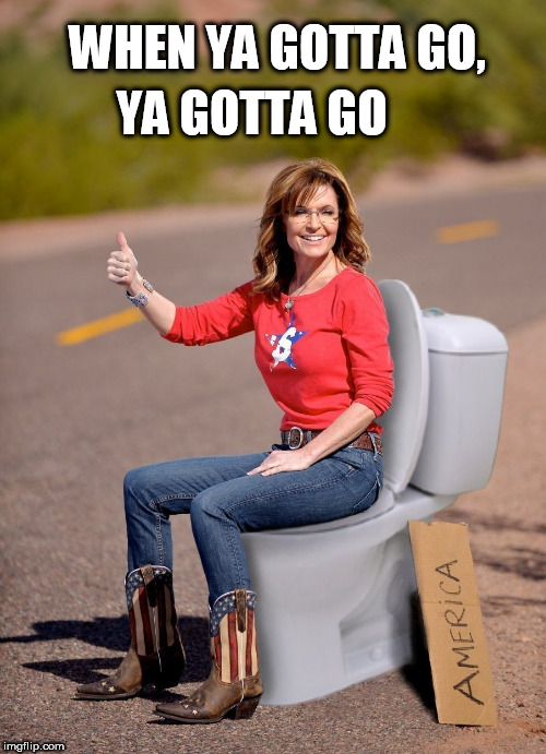 taking a shit on america, one highway at a time | YA GOTTA GO; WHEN YA GOTTA GO, | image tagged in sarah palin,toilet,shit,crap,airhead,moron | made w/ Imgflip meme maker