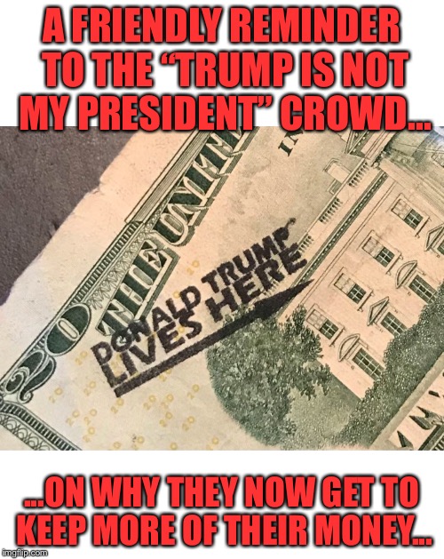A FRIENDLY REMINDER TO THE “TRUMP IS NOT MY PRESIDENT” CROWD... ...ON WHY THEY NOW GET TO KEEP MORE OF THEIR MONEY... | image tagged in trump lives in the wh | made w/ Imgflip meme maker