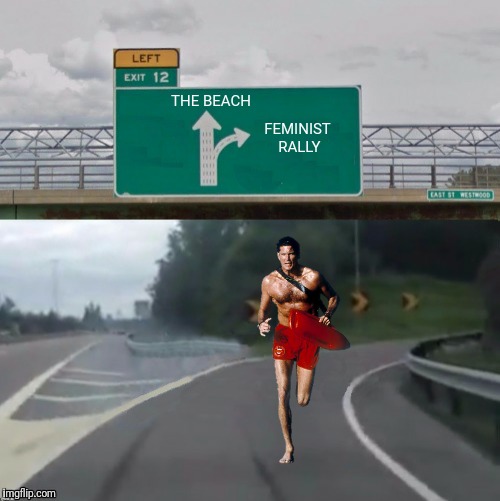 Bad Photoshop Sunday presents:  The Road Not Taken (inspired by an awesome template by AndrewFinlayson)  | THE BEACH; FEMINIST RALLY | image tagged in exit 12 highway meme,david hasselhoff,baywatch,feminist rally | made w/ Imgflip meme maker