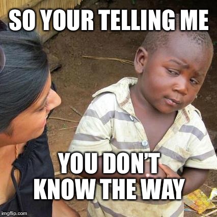 Third World Skeptical Kid Meme | SO YOUR TELLING ME; YOU DON’T KNOW THE WAY | image tagged in memes,third world skeptical kid | made w/ Imgflip meme maker