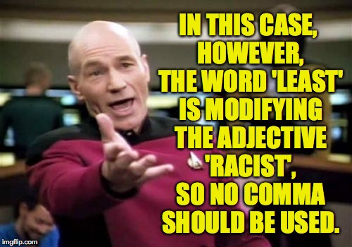 Picard Wtf Meme | IN THIS CASE, HOWEVER, THE WORD 'LEAST' IS MODIFYING THE ADJECTIVE 'RACIST', SO NO COMMA SHOULD BE USED. | image tagged in memes,picard wtf | made w/ Imgflip meme maker