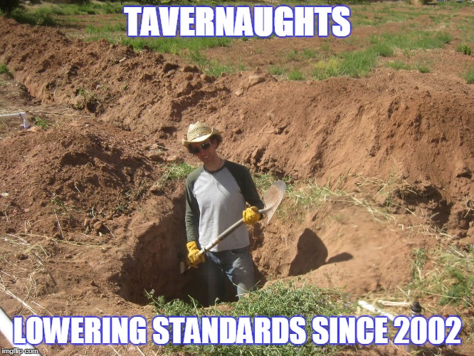 TAVERNAUGHTS; LOWERING STANDARDS SINCE 2002 | image tagged in digging a hole | made w/ Imgflip meme maker