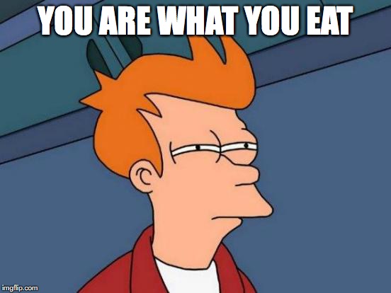 Futurama Fry Meme | YOU ARE WHAT YOU EAT | image tagged in memes,futurama fry | made w/ Imgflip meme maker