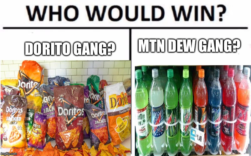 The match up of mans best creations | DORITO GANG? MTN DEW GANG? | image tagged in doritos,mountain dew | made w/ Imgflip meme maker