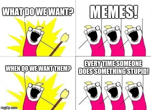 What Do We Want | WHAT DO WE WANT? MEMES! EVERY TIME SOMEONE DOES SOMETHING STUPID! WHEN DO WE WANT THEM? | image tagged in memes,what do we want | made w/ Imgflip meme maker