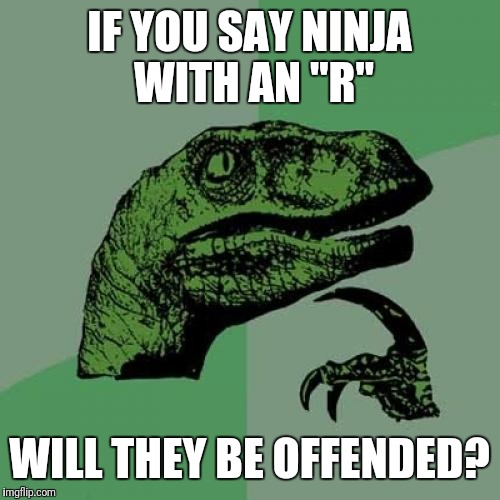 Philosoraptor Meme | IF YOU SAY NINJA WITH AN "R"; WILL THEY BE OFFENDED? | image tagged in memes,philosoraptor | made w/ Imgflip meme maker