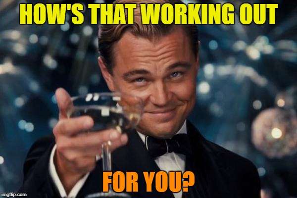 Leonardo Dicaprio Cheers Meme | HOW'S THAT WORKING OUT FOR YOU? | image tagged in memes,leonardo dicaprio cheers | made w/ Imgflip meme maker