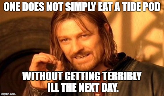 One Does Not Simply Meme | ONE DOES NOT SIMPLY EAT A TIDE POD; WITHOUT GETTING TERRIBLY ILL THE NEXT DAY. | image tagged in memes,one does not simply | made w/ Imgflip meme maker