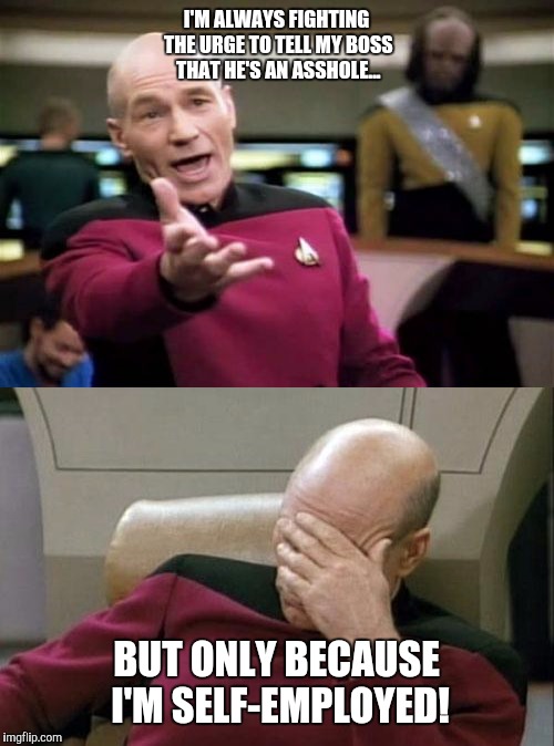 The constant struggle | I'M ALWAYS FIGHTING THE URGE TO TELL MY BOSS THAT HE'S AN ASSHOLE... BUT ONLY BECAUSE I'M SELF-EMPLOYED! | image tagged in picard,funny,boss,human resources,asshole | made w/ Imgflip meme maker
