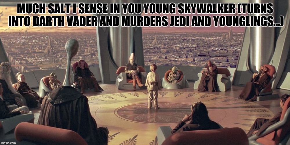 Anakin Skywalker Jedi Council | MUCH SALT I SENSE IN YOU YOUNG SKYWALKER
(TURNS INTO DARTH VADER AND MURDERS JEDI AND YOUNGLINGS...) | image tagged in anakin skywalker jedi council | made w/ Imgflip meme maker