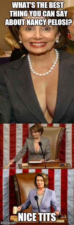 She Pushes a Hard Nipple On Panel 3 | WHAT'S THE BEST THING YOU CAN SAY ABOUT NANCY PELOSI? NICE TITS | image tagged in nancy pelosi,pelosi oh no,big tits,tits,nipple,nsfw | made w/ Imgflip meme maker