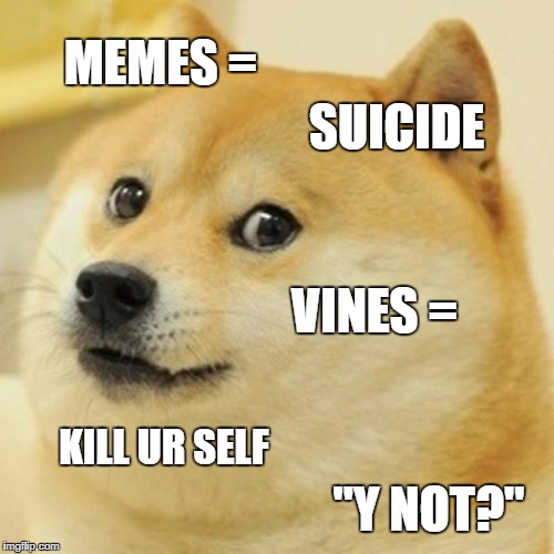 Doge Meme | MEMES =; SUICIDE; VINES =; KILL UR SELF; "Y NOT?" | image tagged in memes,doge | made w/ Imgflip meme maker