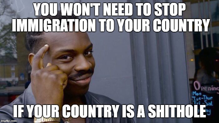 Migration is pretty much a one-way traffic. There's a reason for that! | YOU WON'T NEED TO STOP IMMIGRATION TO YOUR COUNTRY; IF YOUR COUNTRY IS A SHITHOLE | image tagged in memes,roll safe think about it,migration,immigration | made w/ Imgflip meme maker