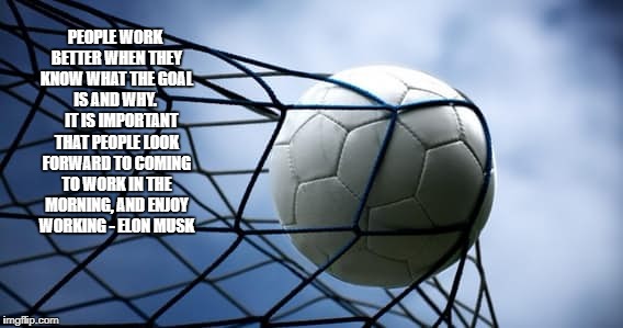 Ball in goal | PEOPLE WORK BETTER WHEN THEY KNOW WHAT THE GOAL IS AND WHY.     IT IS IMPORTANT THAT PEOPLE LOOK FORWARD TO COMING TO WORK IN THE MORNING, AND ENJOY WORKING - ELON MUSK | image tagged in ball in goal | made w/ Imgflip meme maker