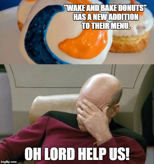 I think "Wake and Bake" pretty much sums up this generation, but WTF? | "WAKE AND BAKE DONUTS" HAS A NEW ADDITION TO THEIR MENU. OH LORD HELP US! | image tagged in tide pods,tide pod challenge,tide pod,captain picard facepalm | made w/ Imgflip meme maker