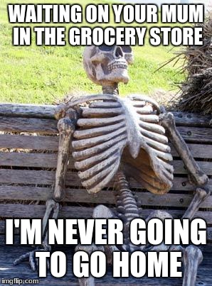 Waiting On My Mum | WAITING ON YOUR MUM IN THE GROCERY STORE; I'M NEVER GOING TO GO HOME | image tagged in memes,waiting skeleton | made w/ Imgflip meme maker