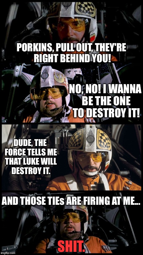 Dammit Porkins, Luke stole your kill! | PORKINS, PULL OUT, THEY'RE RIGHT BEHIND YOU! NO, NO! I WANNA BE THE ONE TO DESTROY IT! DUDE, THE FORCE TELLS ME THAT LUKE WILL DESTROY IT. AND THOSE TIEs ARE FIRING AT ME... SHIT. | image tagged in star wars porkins,death star,luke skywalker | made w/ Imgflip meme maker